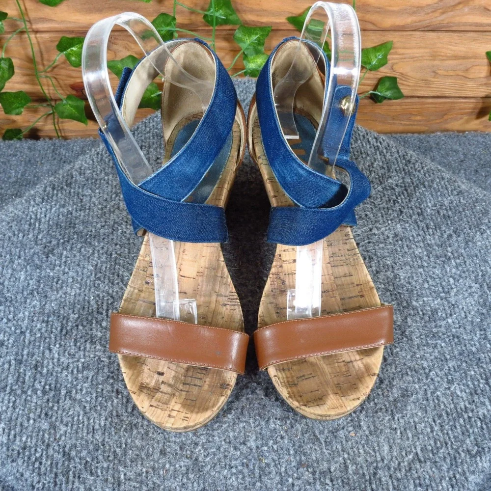 Anne Klein AK Sport Women Wedge Sandal 6.5M Summer Blue Denim Brown Cork